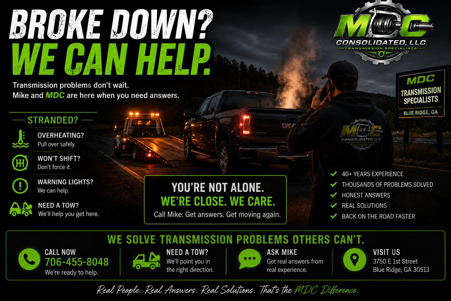 MDC Automotive Repair — Broke Down? We Can Help. 24/7 towing (706) 900-9696, Blue Ridge GA.